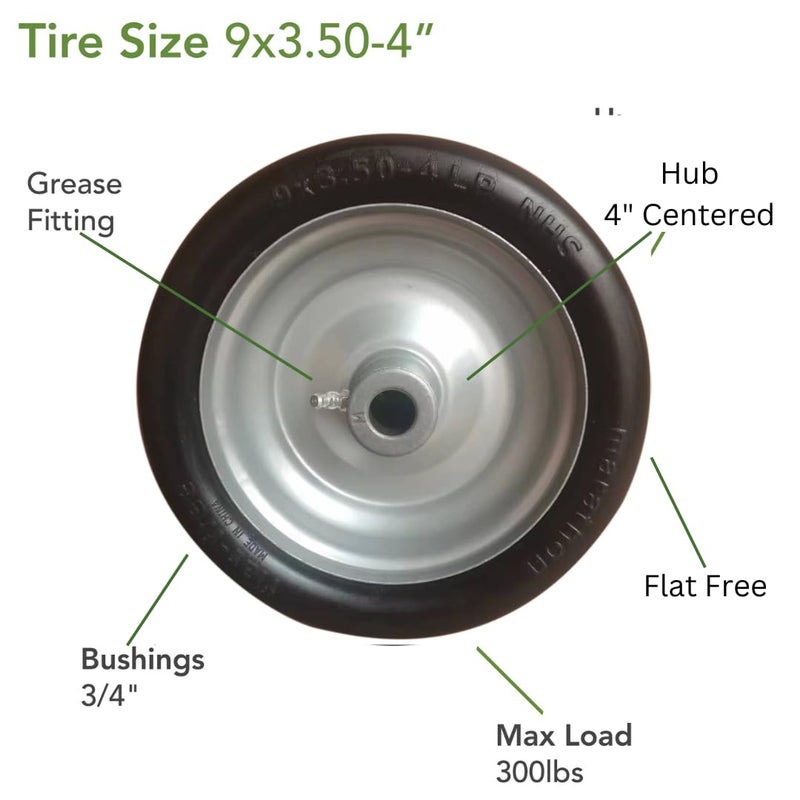 Marathon 9x3.50-4" Flat Free Lawnmower Tire on Wheel, 4" Centered Hub, 3/4" Bushings - Image 3